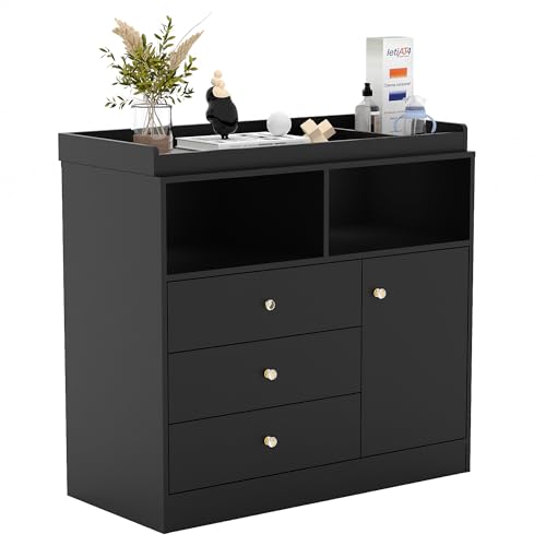 Baby Changing Table Dresser Wooden Diaper Changing Station with 2 Open Shelves 3 Drawers and 1 Cabinet Modern Baby Dressers for Nursery Bedroom Kids Room Black