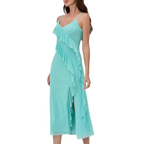 Image of Women's Spaghetti Strap Ruffle Side Split Long Dress Bodycon Beach Maxi Dresses