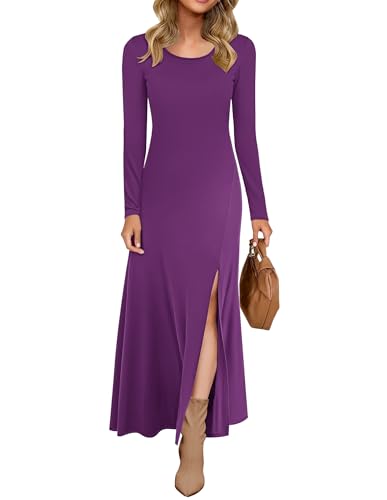 AUSELILY Vestido Largo de Manga Larga con Abertura para Mujer Morado L