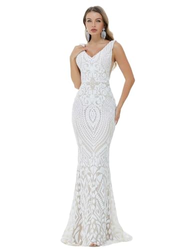 Image of Women's Wedding Bridesmaid Gown Sequined Mermaid V Neck Sleeveless Evening Dress