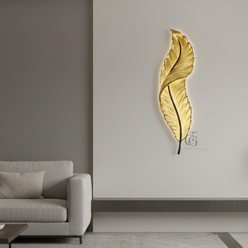 Image of Resin Antique Feather Wall Sconce|Snowy Quill Decorative Wall Light for Living Room, Hallway, Kitchen & Office- Warm White, Cool White, Natural White (Golden+Black)