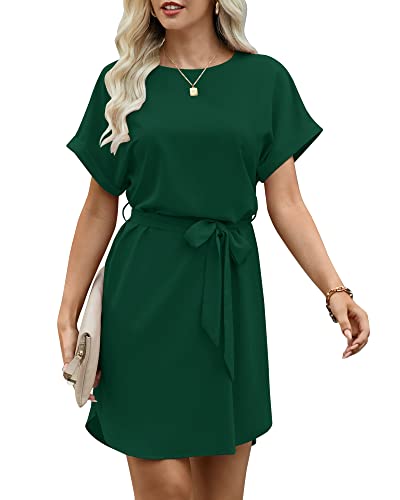FCSONU Vestido de verano para mujer, manga corta, cuello redondo, túnica de gasa, vestido de corbata, cintura informal, vestidos cortos con cinturón, verde oscuro, XXL Cover