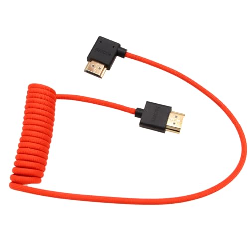 Image of HDMI 8K 4K 60p Cable for ATOMOS Shinobi Portkeys SmallHD Cine 5 7 Hollyland Mars Sony A9 A1 FS7II Canon C400 S1H Z9 X-T5 Camera, Right Angle Type A HDMI 2.1 Red Braided Coiled 50cm