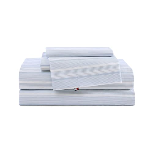 Image of Tommy Hilfiger - Queen Bed Sheets, Crisp & Cool Cotton Percale Bedding with Matching Pillowcases, Lightweight Bed Set, Oeko-Tex Certified (Sailing Stripe Blue)