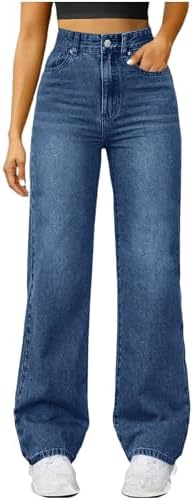 Wide Leg Jeans for Women Casual High Waisted Strechy Straight Leg Loose Tummy Control Denim Pants with Pocket