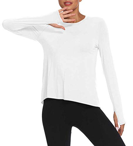 Mippo Long Sleeve Wokout Tops for Women Loose Fit Yoga Exercise Tops Open Back Workout Thumb Hole Shirts Running Fitness Clothes Long Tank Tops Scoop Neck Sports Activewear 2020 White S