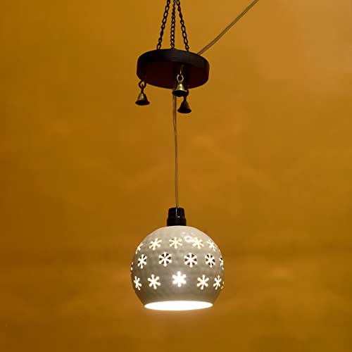 Image of AAKRITI ART CREATIONS Star Glow White Handcrafted Metal Pendant Lamp with Mango Wood Rosette for Living Room Ceiling | Hanging Lights for Bedroom and Dining Table | Modern Hanging Lights | Pendant