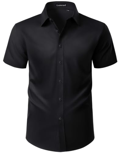 Lusead Black Button Up Shirt Men Short Sleeve Stain Shield Stretch Classic Dress Shirts Formal Casual Button Down Shirts