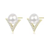 LOOYUUPEE Pearl Earrings for Women 14K Gold Plated Pearl Earrings Studs Freshwater Cultured Handmade Jewelry Gift for Mom Lover Her (14K Gold Plated)