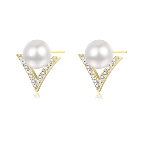 LOOYUUPEE Pearl Earrings for Women 14K Gold Plated Pearl Earrings Studs Freshwater Cultured Handmade Jewelry Gift for Mom Lover Her (14K Gold Plated)