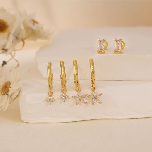 Image of Gold Plated Earrings for Women, 14k Gold Plated Earring Stack Hypoallergenic Pearl Drop Earring Dainty Earrings for Women Trendy Cute Small Huggie Hoop Earring Fashion Womens Jewelry