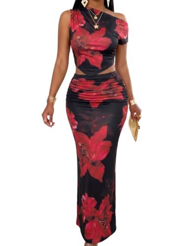 Image of BARASA Two Piece Sets For Women Summer Vacation Sexy Bodycon Outfits DS75 | Elegant Asymmetrical One Shoulder Crop Top And Ruched High Waist Long Maxi Skirt Set For Women Summer Vacation