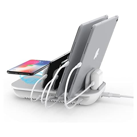 Soopii QC 3.0 60W/12A 6-Port USB Charging Station for Multiple Devices, 8 Short Charging Cables Included, I Watch Charger Holder,for Phones, Tablets, and Other Electronics Cover