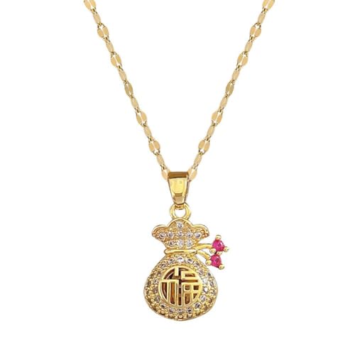 Lucky Money Bag Pendant Necklace Exquisite Hollow Out Blessing Character Gold Pendant Jewelry Fashion Flash Accessories
