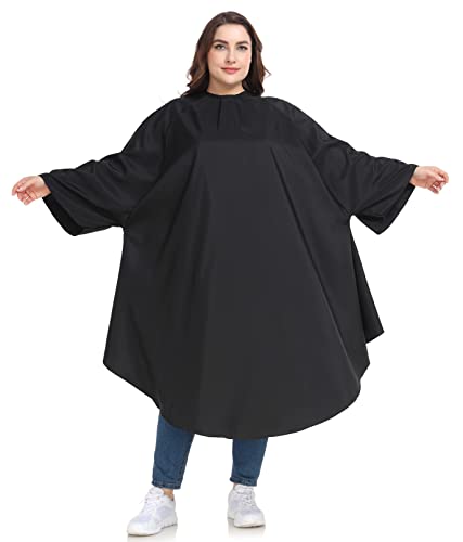 Salon Hairdressing Gown with Sleeves - Large & Long Adult Hair Cutting Barbering Cape with Adjustable Snap Closures, Soft & Light Barber Hairdresser Haircut Capes for Men and Women, Black, Large