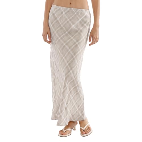 Amazhiyu Women's 100% Linen A-Line Plaid Midi Skirt Elastic Waist