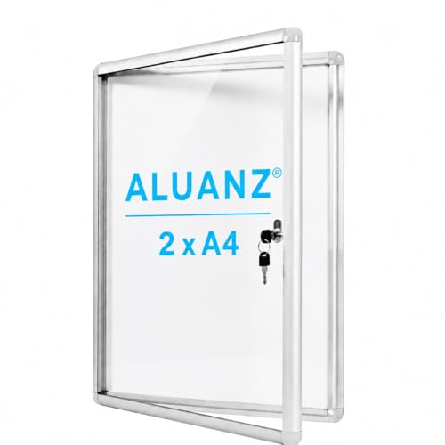 Aluanz Vitrine d'affichage DIN 2 x A4 - Tableau d'affichage verrouillable en tableau blanc, Panneau arrière magnétique, Vitrine intérieure avec serrure pour...