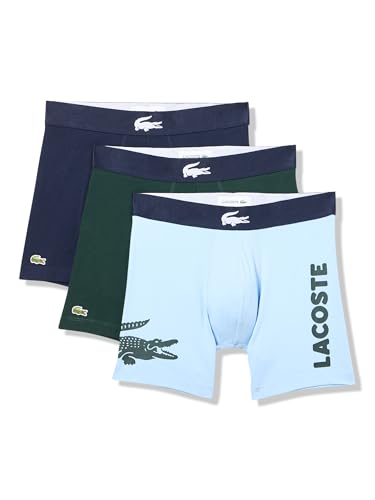Lacoste Men's Cotton Stretch Big Croc Print Boxer Briefs, 3-Pack, Blue/Dark Green/Navy Blue, X-Small