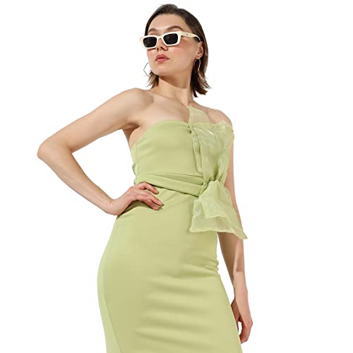 Image of Campus Sutra Women's Solid Green Sleeveless Knee Length Regular Fit Dress for Casual Wear | Tube Neck Dress Crafted with Comfort Fit and High Performance for Everyday Wear