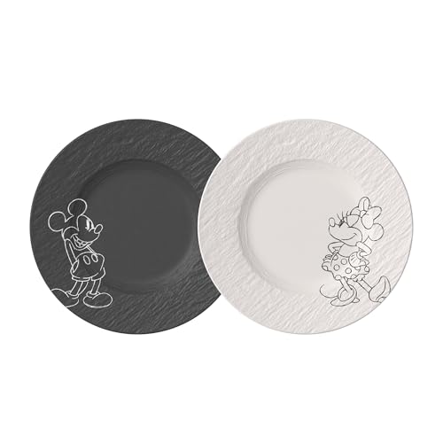Villeroy & Boch Manufacture Rock – Mickey Mouse – assiette à dessert, 2 pièces, noir/blanc, résistant au lave-vaisselle/micro-ondes, look ardoise avec...