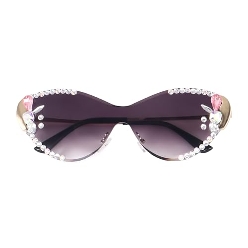 Image of Dervin Cat Eye Sunglasses for Women - UV400 Protection, Rimless Flower Diamond-Cut Lens, Trendy Driving Shades for Women