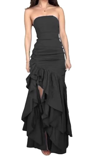 Strapless Satin Prom Dress Ruffle Mermaid Wedding Dresses for Bride Long Corset Formal Evening Gown with Slit YH38