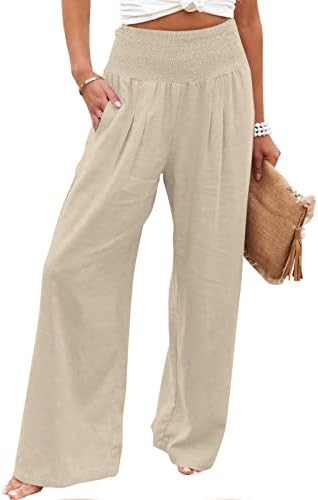 Womens Wide Leg Pants High Waisted Linen Palazzo Pants Summer Boho Casual Lounge Pant Beach Travel Vacation Outfits