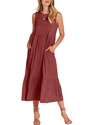 Anrabess Women Summer Tank Dress Round Neck Sleeveless Empire Waist Swing Tiered Maxi Dress With Pockets 499Shenhong-S #TOP25