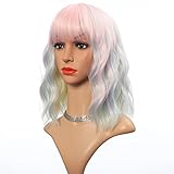 VCKOVCKO Colored Wig Natural Wavy Wig With Air Bangs Short Bob Piano Color Wigs Women's Shoulder Length Wigs Curly Wavy Synthetic Cosplay Wig Pastel Wave Wig for Girl Colorful Wigs(12',Rainbow)