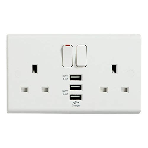 Deta S1299 Slimline Twin 13 Amp DP Switch Socket + 3 USB Charging Ports (White)