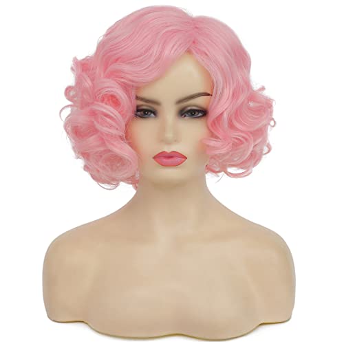 Baruisi Short Curly Pink Wigs for Women Synthetic Natural Wavy Costume Cosplay Party Wig,Pink