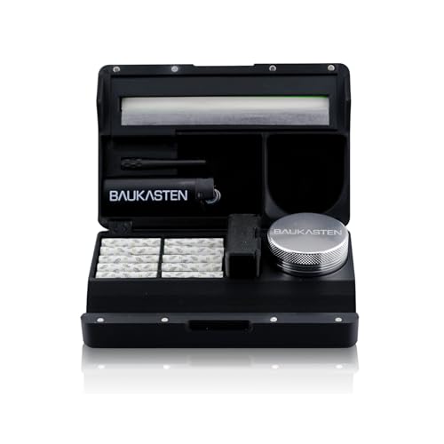 Baukasten Mini mit Zubehör & Grinder - Organisierte & mobile Bau-Box mit Rolling Tray für bestes Bauen überall sicheren Transport sowie diskrete Aufbewahrung von allen Smoking Utensilien (Schwarz)