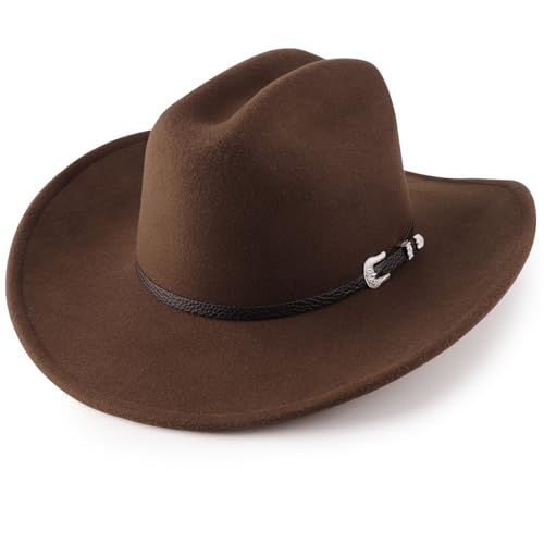 Image of DRESHOW Cowboy Hat for Women and Men Classic Felt Western Hat for Cowboys Cowgirls Wide Brim Belt Buckle Retro Fedora Hats