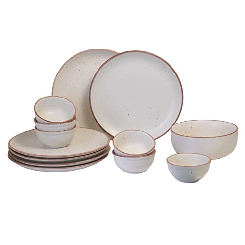 Image of Freakway Handcrafted Stoneware Dinner Set Ceramic Set of 13 Pcs for Dinner with Bowls Set | 6 Ceramic Dinner Plate, 6 Bowl /katori Set & 1 Large Bowl | Dishwasher & Microwave Safe - Off White