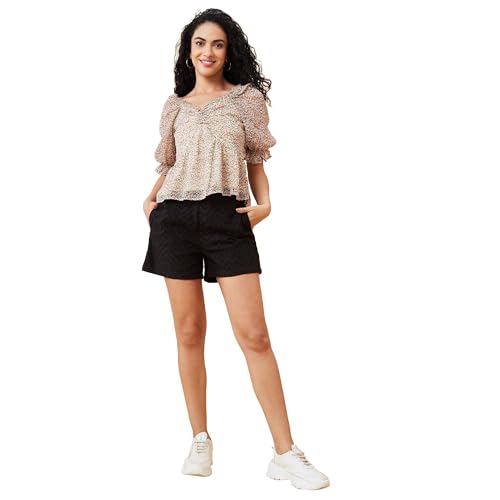 Image of Globus Women Black Self Design High-Rise Regular Shorts with Zip Closure-3638803001