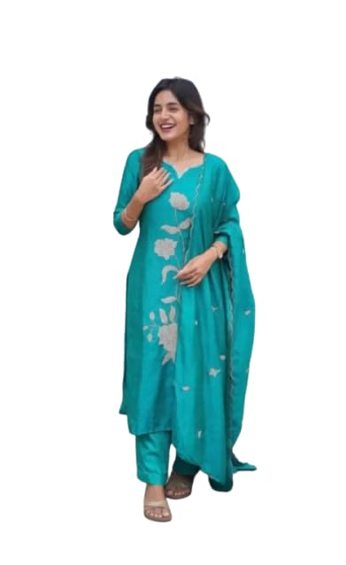 Women Silk Floral Embroidered Kurti Pant Dupatta Set-picture-35