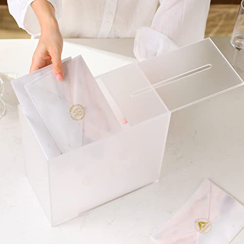Image of UNIQOOO Frosted Acrylic Wedding Card Box with Slot, Thick DIY Large 10x10x5.5 inch w /No Print, Wedding Receptions Wishing Well Money Box, Birthday, Memory Box, Suggestion Boxes, Acrylic Ballot Box