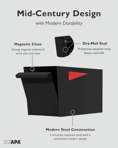 Image of Ilyapa Modern Mailbox for Post Mount - Black with Black Door Heavy Duty Powder Coated Steel, Waterproof Letter Box for Curbside Parcels, Corrosion Resistant with Recessed Magnetic Close Door, Large