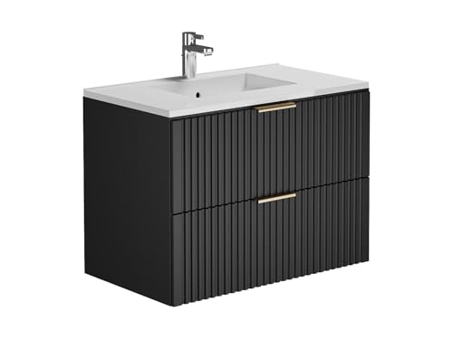 Vente-unique - Meuble de Salle de Bain Suspendu strié avec Vasque à encastrer - Noir - 80 cm - ZEVARA