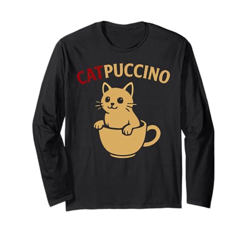 Funny Cat Coffee TShirt Cute Cappuccino Animal Caffe Design Manche Longue