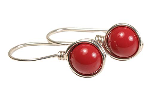 Jessica Luu Jewelry Red Coral Pearl Earrings Sterling Silver or Gold Wire Wrapped Handmade