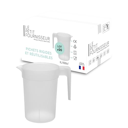 LPF LE PETIT FOURNISSEUR - Lot de 20 Pichets réutilisables 1 Litre - Polypropylène plastique alimentaire rigide (PP) - Carafe à eau, thé glacé, boissons -...