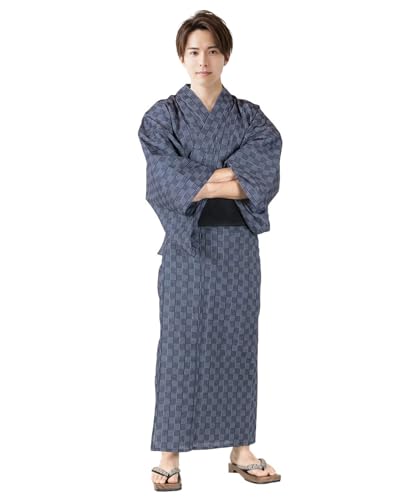 [キョウエツ] 浴衣 メンズ セット ゆかた 男性 黒 紺 おしゃれ 綿 しじら C 4点セット (L, 18.市松×紺(ワンタッチ黒))（Amazon）