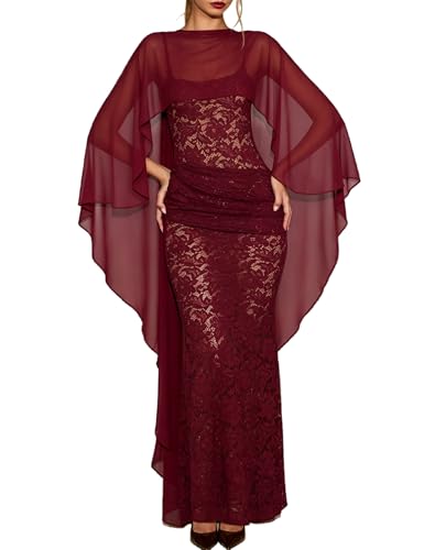 TNNO Chiffon Shawl Sheer Long Wraps Bridal Capelet for Evening Dresses Cover Up Formal Wedding Mesh Poncho Elegant Cape Wine Red