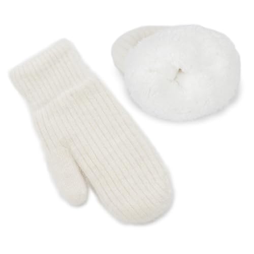 CXQRR Winter Warm Mittens for Women Men - White Soft Faux Rabbit Fur Elastic Cuff Fashion Stretchy Knit Gloves Cold Weather