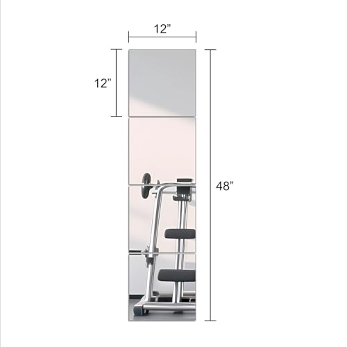 Ruomeng Full Length Wall Mirror Tiles, 12" x 12" x 4Pcs Frameless Wall Mounted Mirror Glass Wall Mirror for Home Gym, Door, Bedroom, Living Room