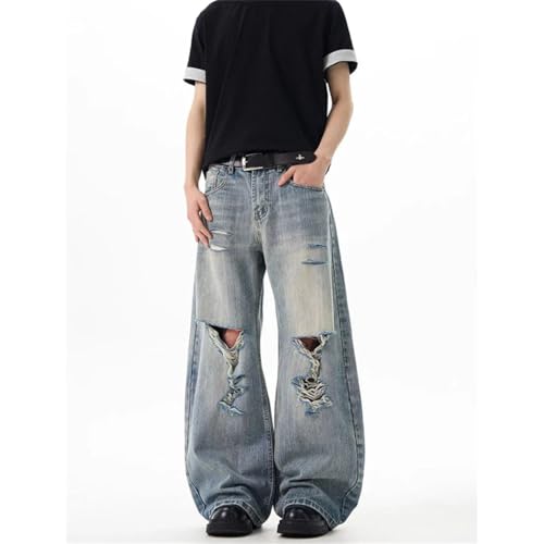 Men's Vintage Y2k 2000S Blue Ripped Jeans High Wide Leg Denim Pants Streetwear Baggy Cargo Trousers4