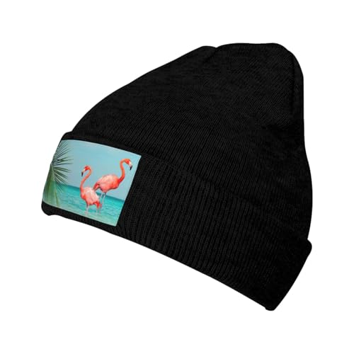 Migpkd Gorro unisex con diseño de flamenco en el agua, para hombre y mujer, gorro de punto de invierno, gorro cálido con puños, a la moda, Negro, Talla única
