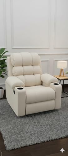 Image of Shah Manual Single Seater Recliner Chair, Premium Fabric with High-Density Foam, Lumbar Support, Off White, Living Room Bedroom Home Theater