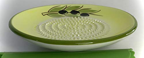 BonCera, All-in-one Premium Ceramic Garlic Grater Plate 4-Piece Set - Yellow Olive Design, Classic Style - For Garlic, Ginger, Chocolate, and more! - Comes with 5.25" Plate, Peeler, Brush, and Stand